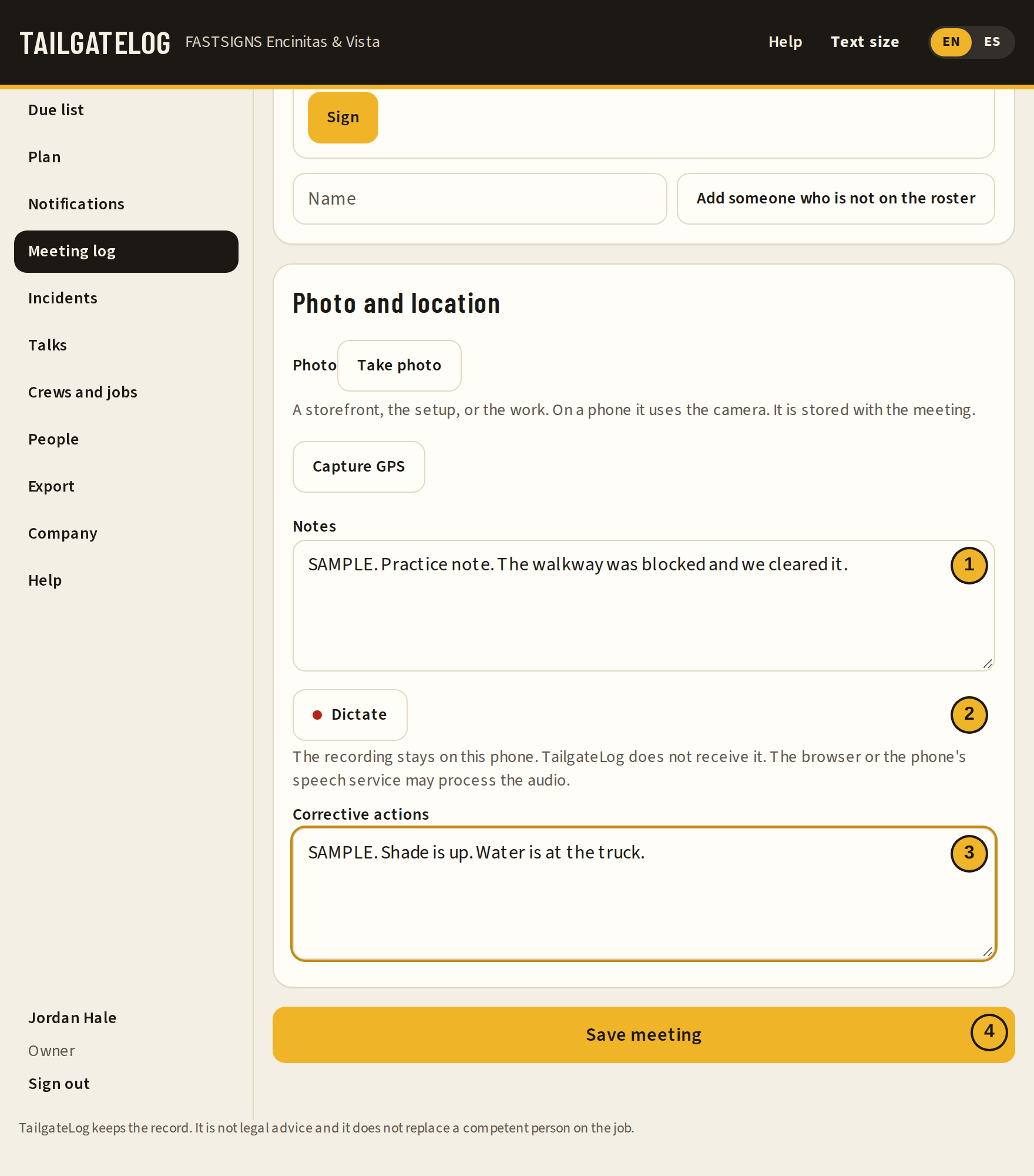 Notes, corrective actions, and Save meeting