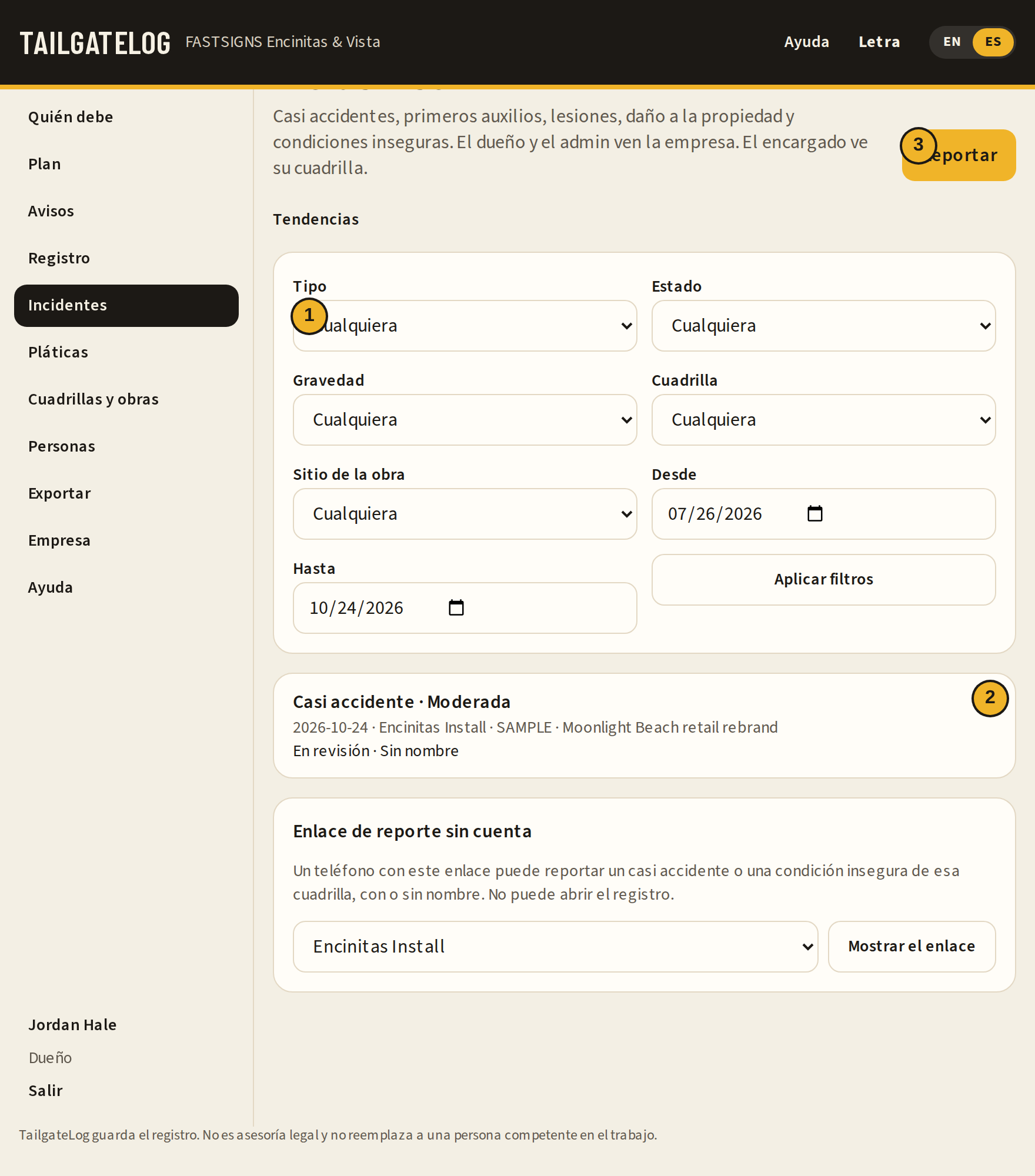 Lista de incidentes