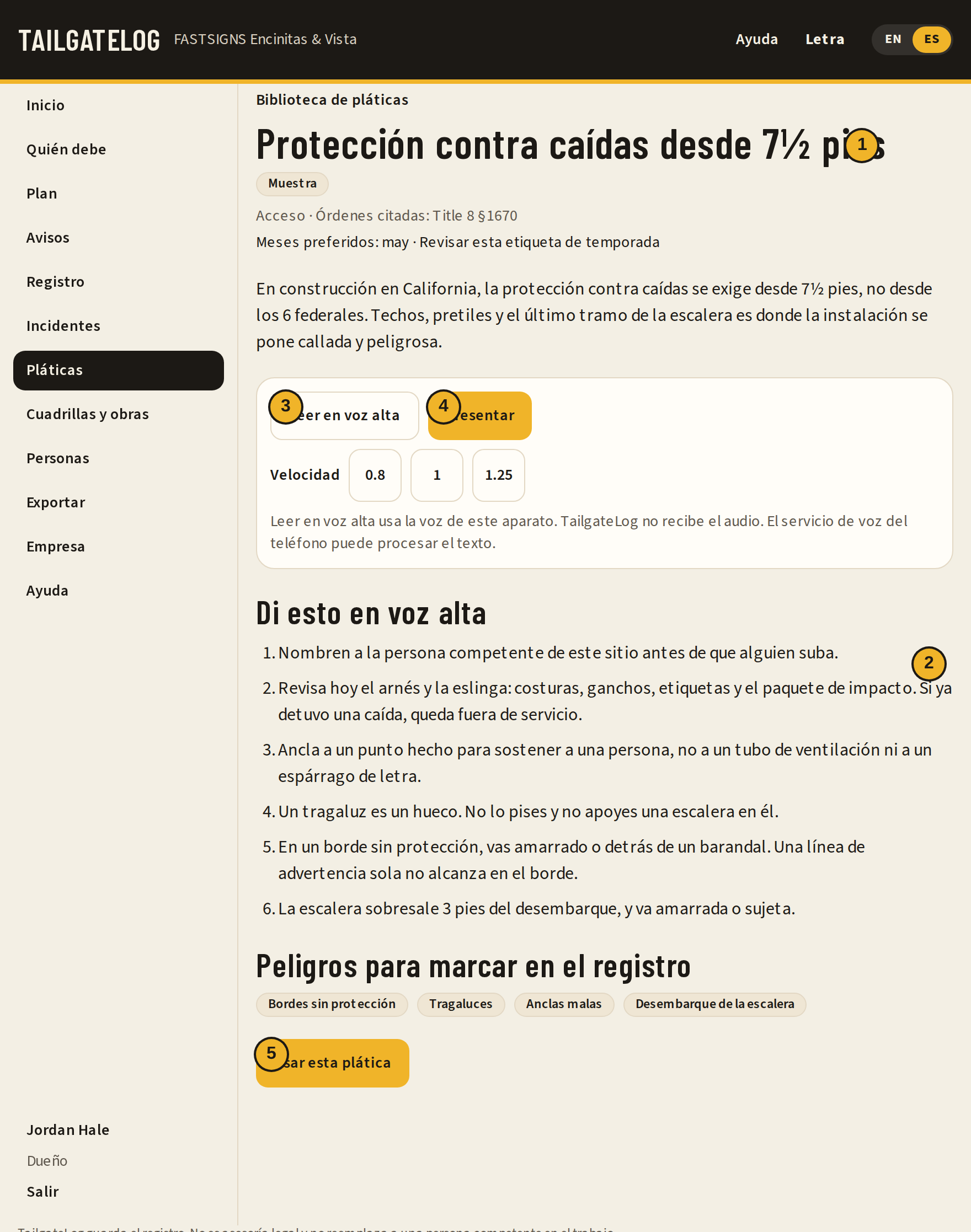 Una plática, con el título, los puntos y Usar esta plática